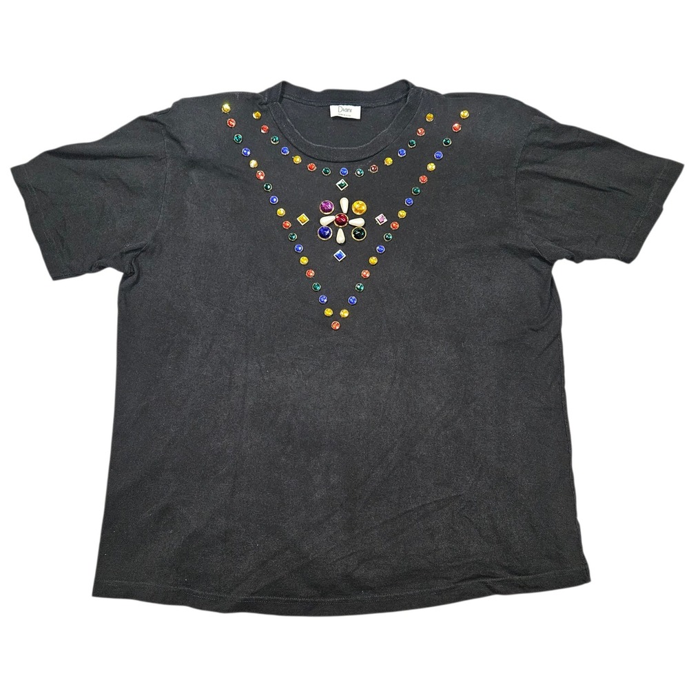 VTG Diani 90s Rhinestone Embellished T-Shirt Black Jewel Studded Sz L/XL